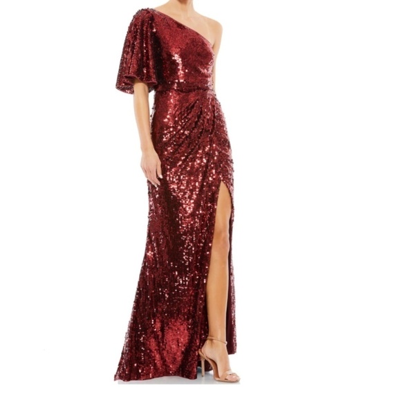 MAC DUGGAL One Shoulder Gold Prom Formal Cocktail Thigh Slit Gown  • size 8 NWT - Picture 1 of 3